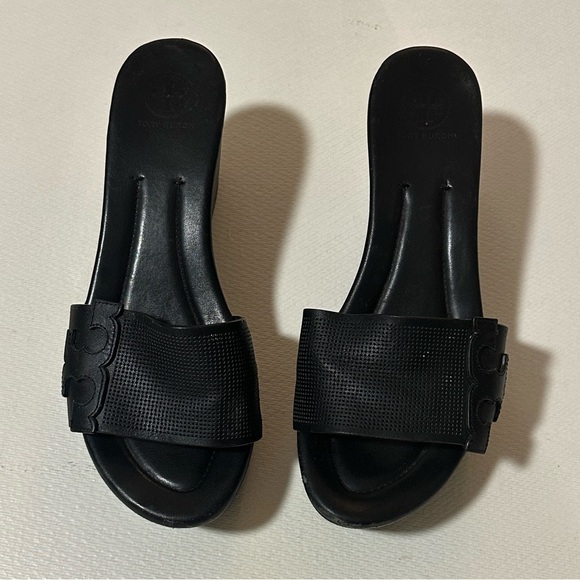 Vintage Tory Burch Lowell/Patti Style Black Wedge Leather Sandals Size 8 VGUC - Picture 2 of 13